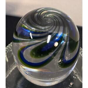 VTG Studio Art Glass Paperweight Blue Green Ribbon Swirl Signed Orb Murano Style